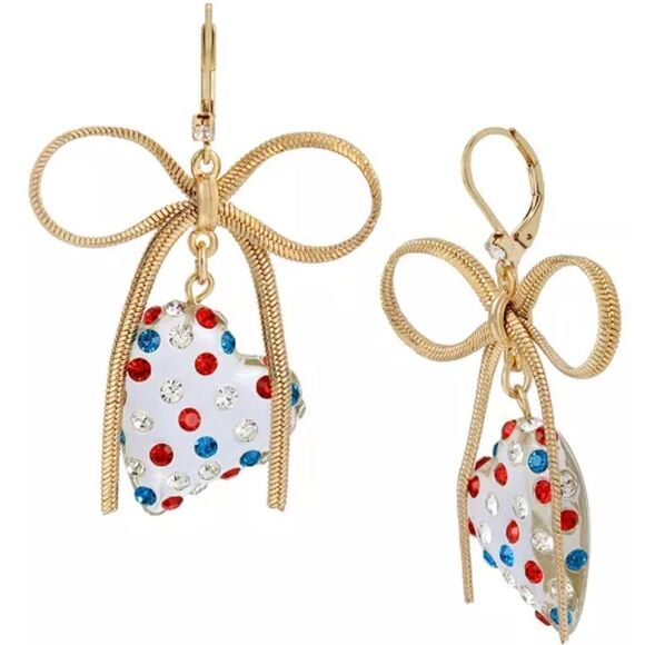 Betsey Johnson Faux Stone July 4th Heart Dangle Earrings - Picture 1 of 2